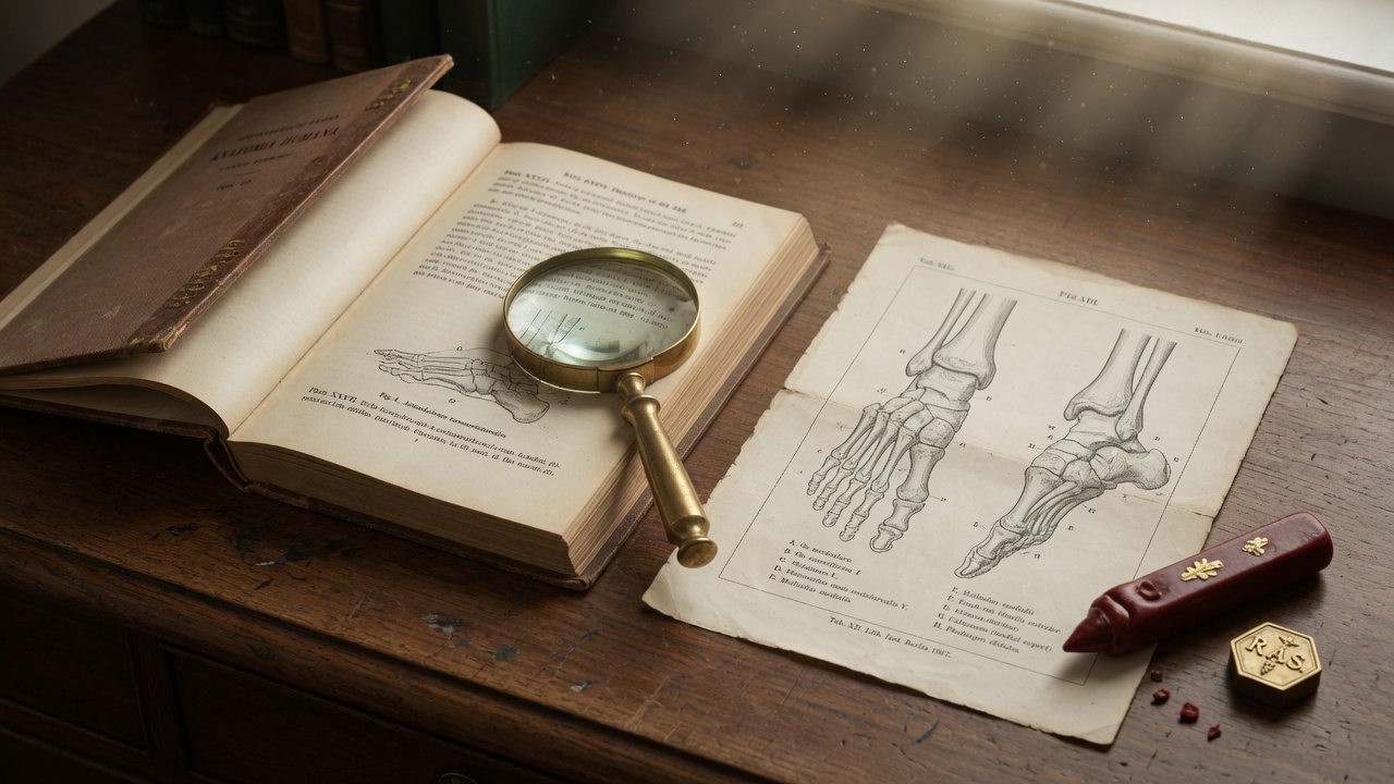 Open anatomical monograph, brass magnifying glass, and a scientific plate of the human foot on a wooden desk.